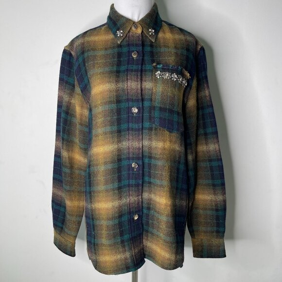 Isabel Marant Women's Tan Blue Button Down Checkered Long Sleeve Shirt Size 38 - Picture 1 of 9